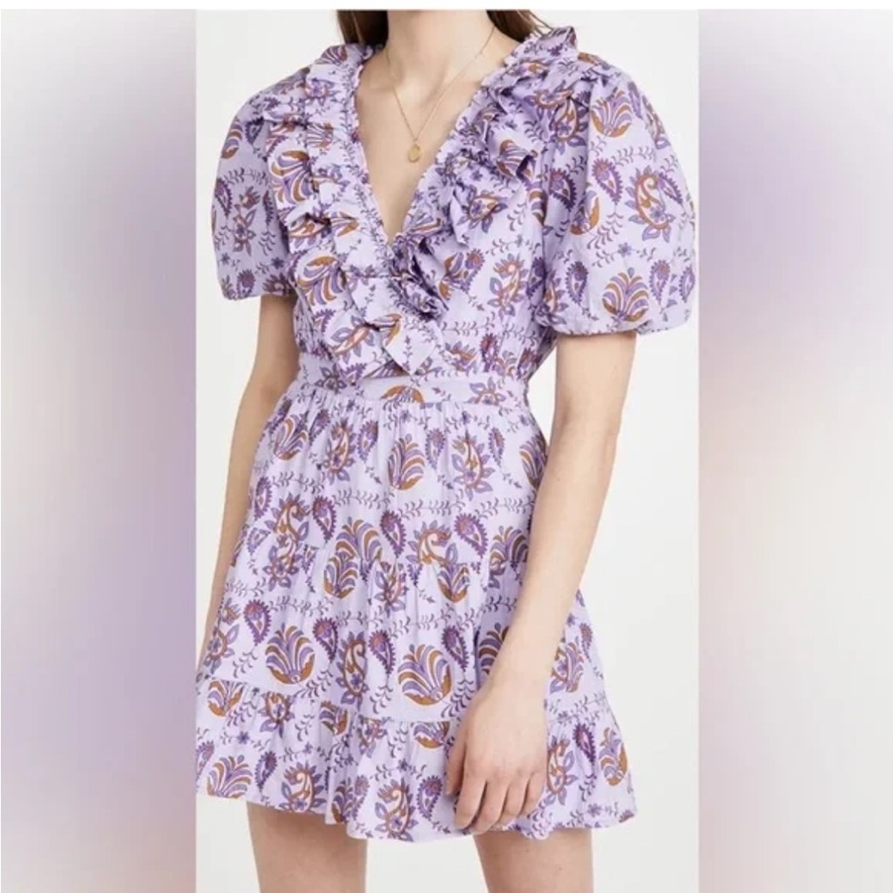 Rahi paisley Amber v-neck ruffle puff sleeve tiered floral mini dress in lilac